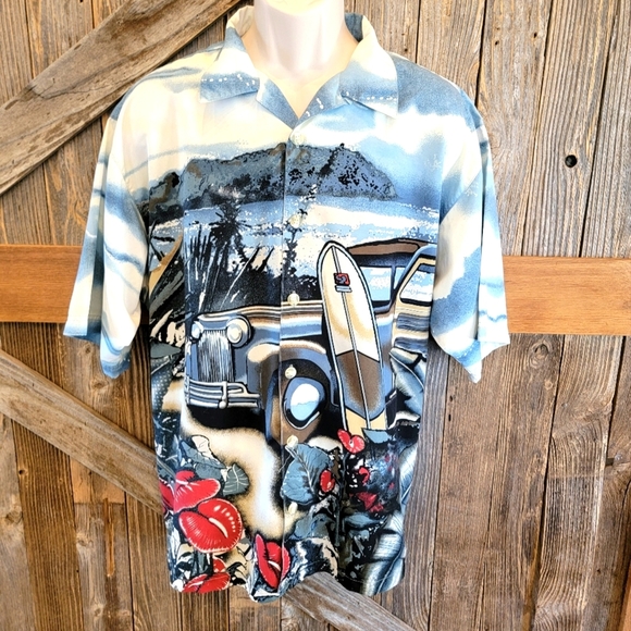 Daniel David Men's Hawaiian shirt WOODY CAR AND SURFBOARD print XXL 2XL - Picture 1 of 7